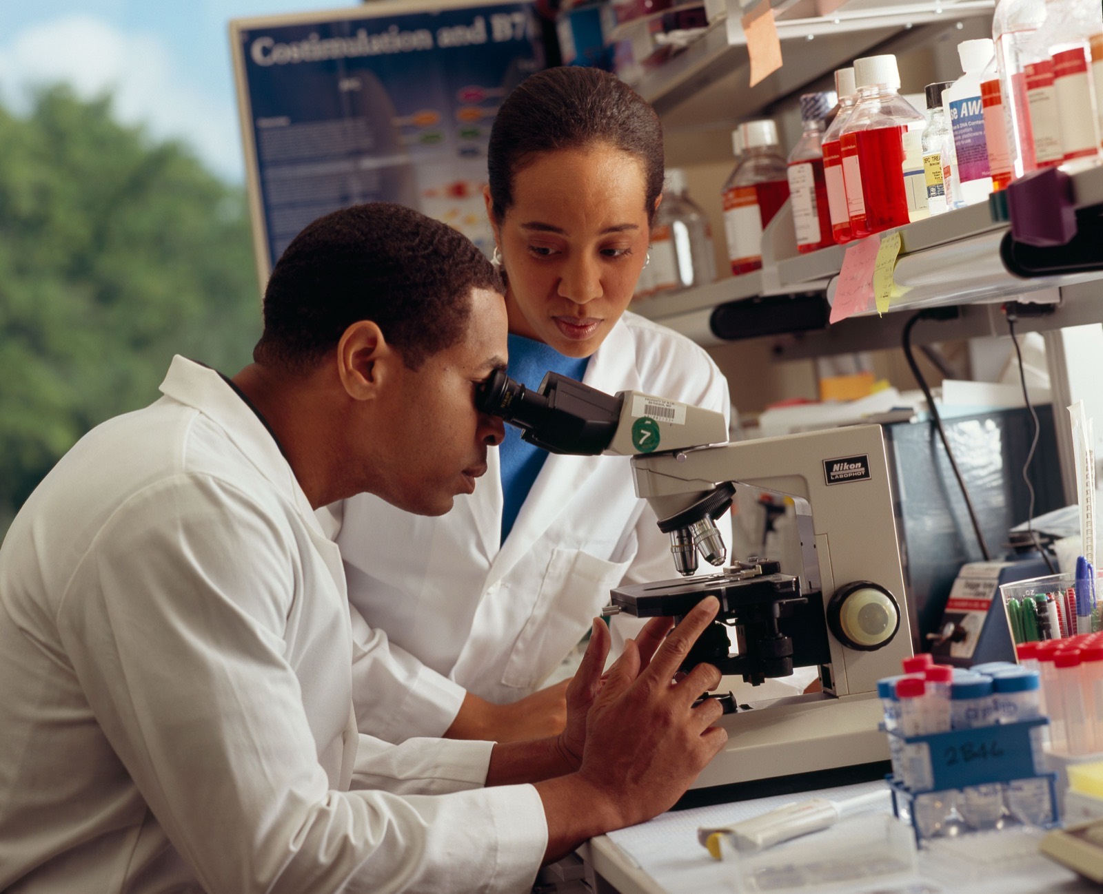 A researcher examining a sample under a microscope in a molecular biology lab
